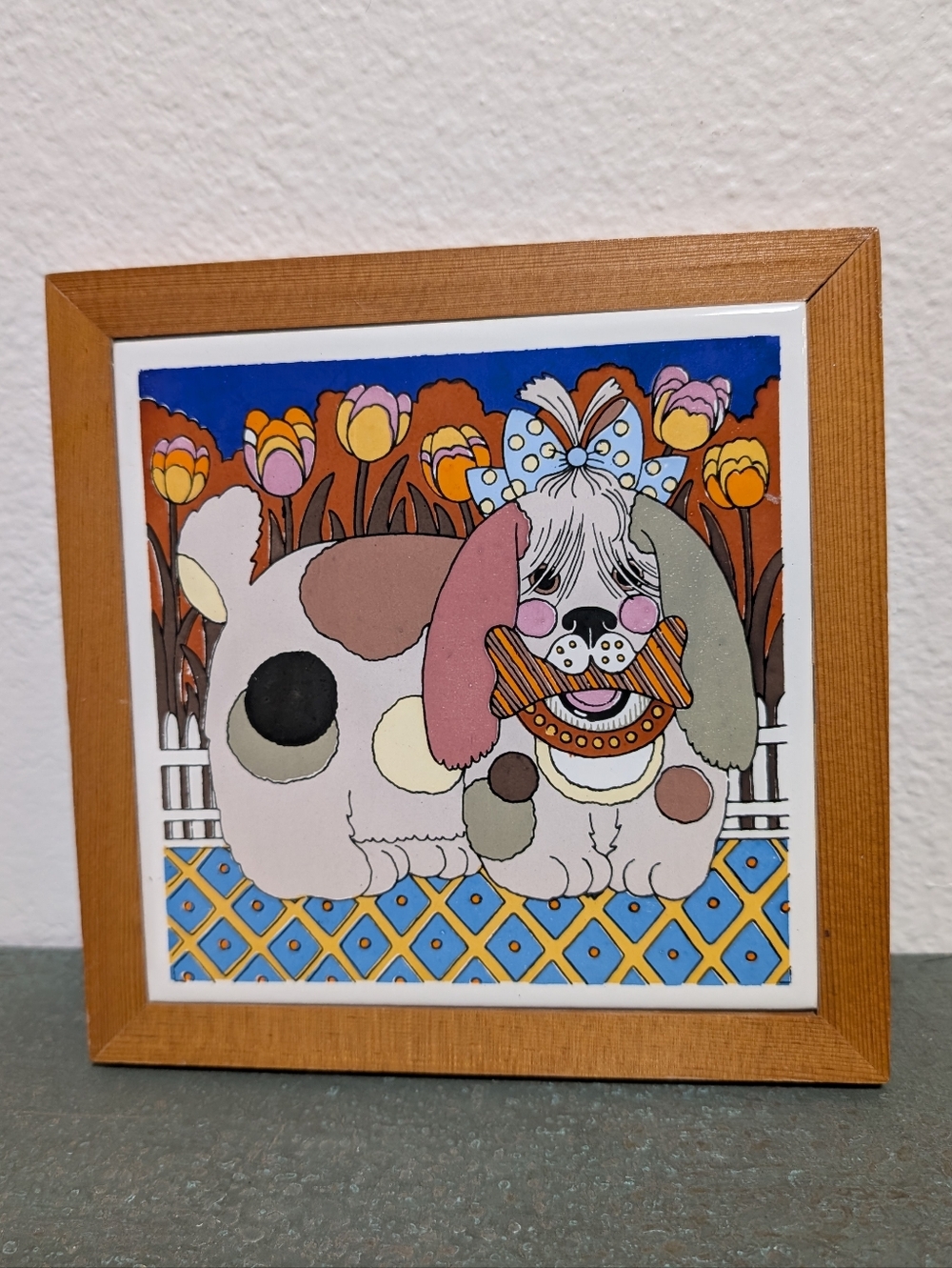 Vintage Ceramic Dog Tile Trivet Wall Hanging Colorful by Gailstyn-Sutton